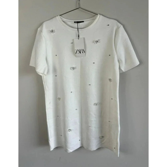 Zara Womens Short Sleeve with Crystal White Floral T Shirt Dress Sz L - Picture 2 of 13